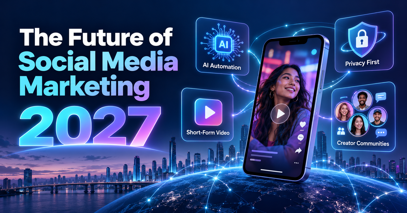 Futuristic infographic showcasing the future of social media marketing in 2027, featuring AI automation, data privacy trends, short-form video, and influencer community strategies.